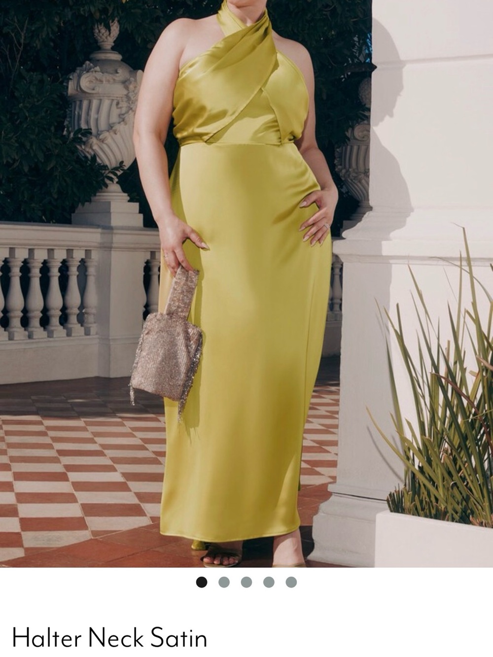 Eloquii Halter Neck Satin Backless Dress in Chartreuse